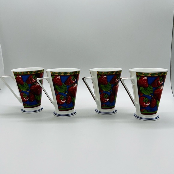 St Michael Strawberry Patterned Mugs - Set of 4 Bone China Made in the UK - Picture 6 of 14